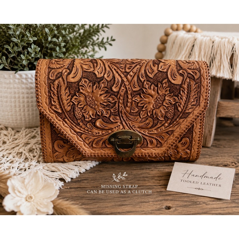 Handmade Tooled Leather Bag Western Cowgirl Boho Floral Clutch Missing Strap